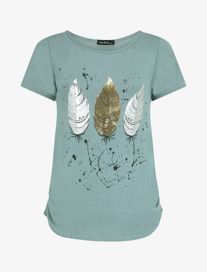 Top uni en maille fine à motif plumes irisées - Vert d&