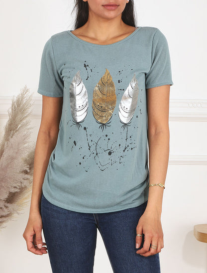 Top uni en maille fine à motif plumes irisées - Vert d&