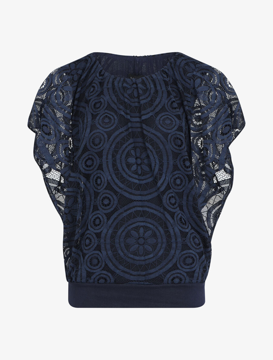 Blouse unie à broderies - Marine - 1