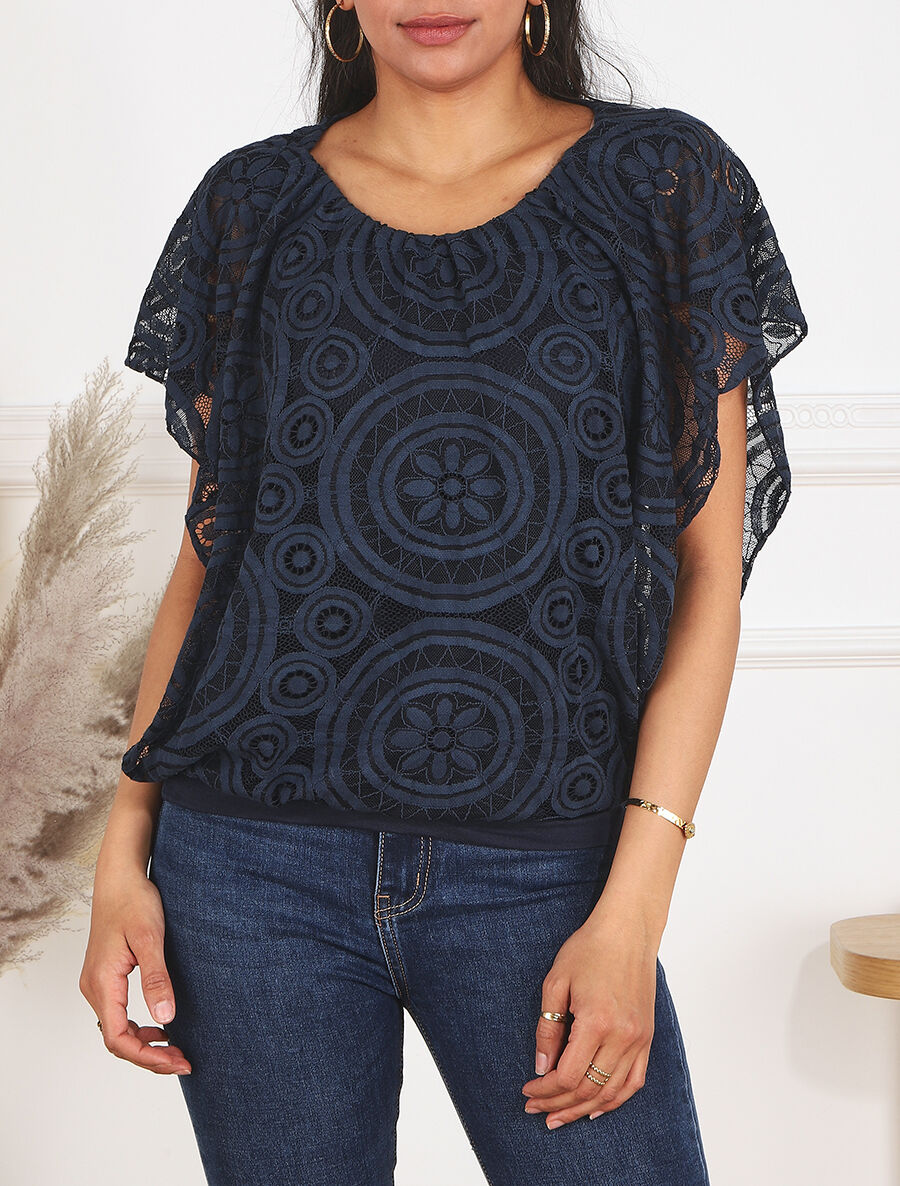 Blouse unie à broderies - Marine - 4