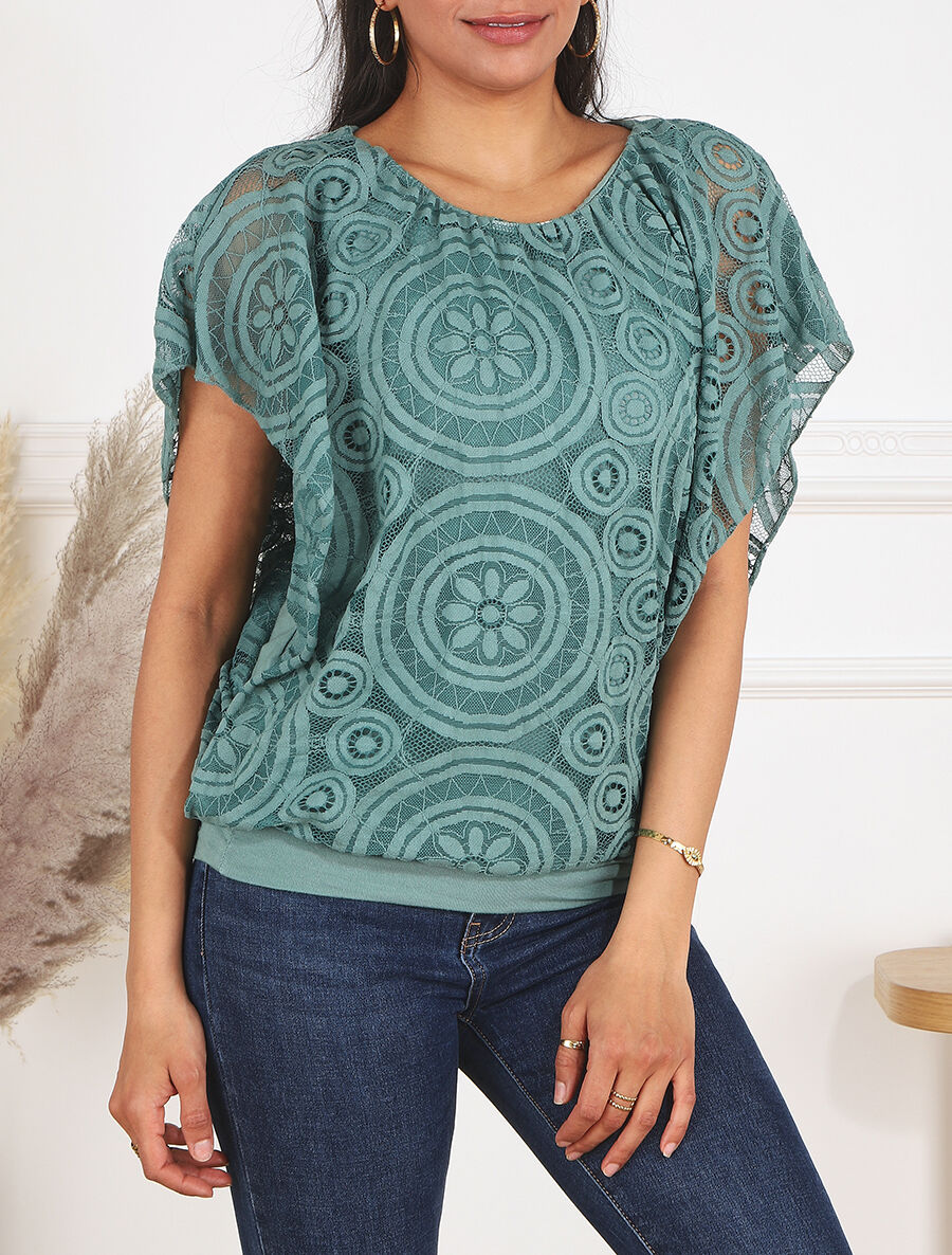 Blouse unie à broderies - Bleu canard - 4
