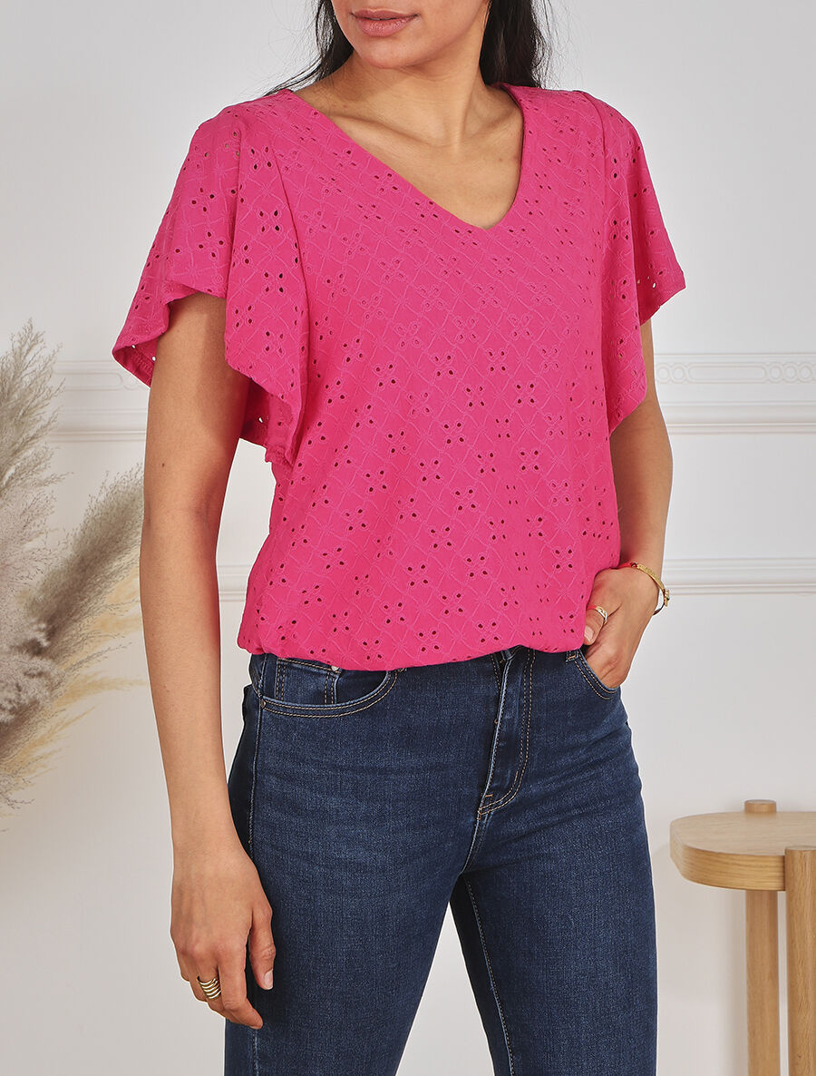 Top à manches volantées et broderies - Fushia - 4