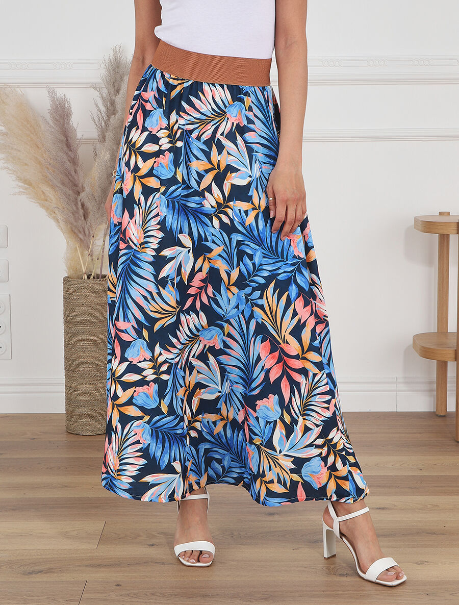 Jupe à taille haute style corset imprimé tropical - Marine - 4