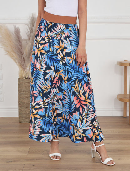 Jupe à taille haute style corset imprimé tropical - Marine - 4