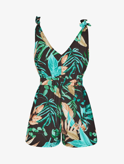 Combishort imprimé fleurs tropicales à taille élastiquée - Noir - 2
