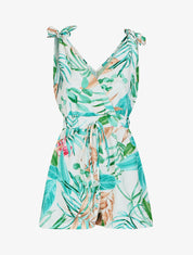 Combishort imprimé fleurs tropicales à taille élastiquée - Blanc - 4