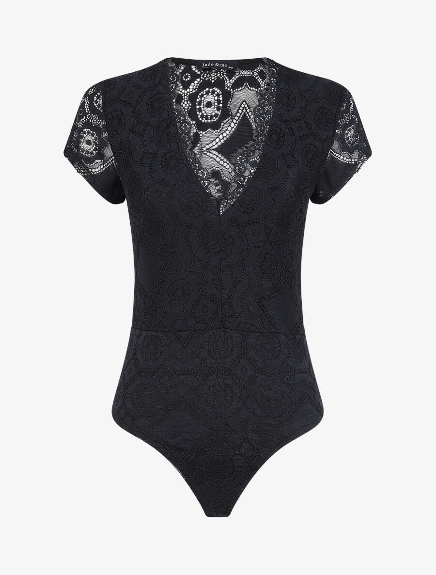 Body en dentelle à manches courtes - Noir - 4