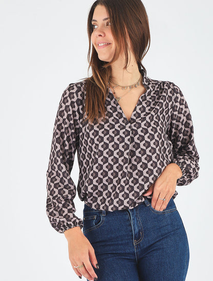 Top manches longues imprimé géométrique - Taupe - 5