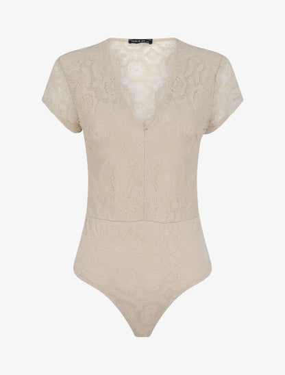 Body en dentelle à manches courtes - Beige - 1