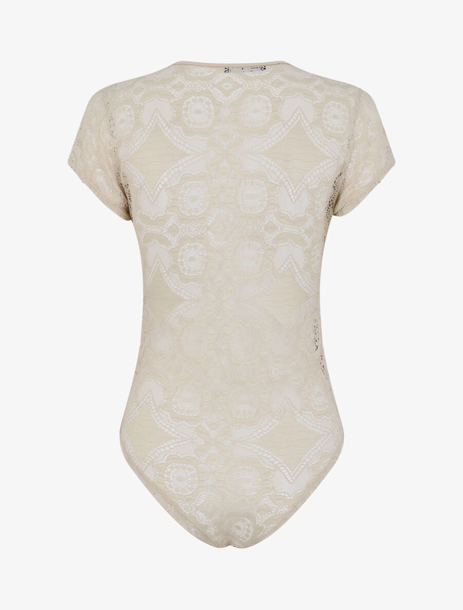Body en dentelle à manches courtes - Beige - 2