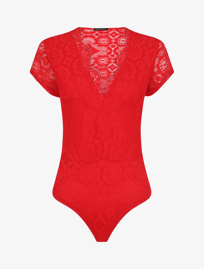 Body en dentelle à manches courtes - Rouge - 1