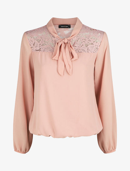 Top droit à dentelle et col lavallière - Rose - 1
