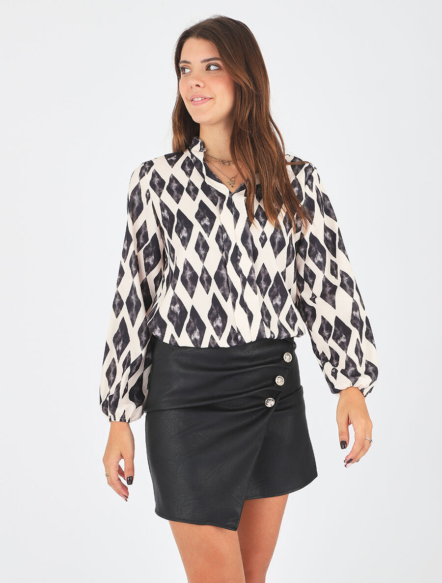 Top droit à manches longues imprimé losanges - Beige - 4