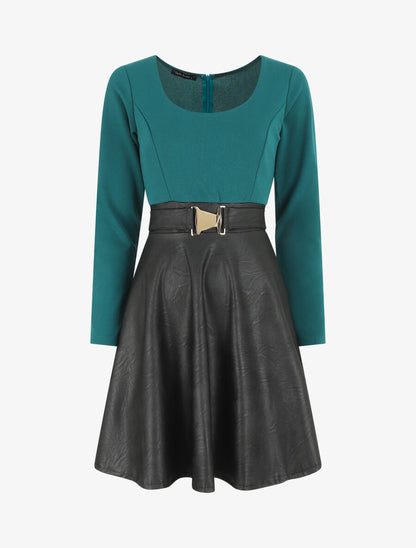 Robe patineuse simili manches longues - Bleu canard - 1