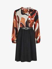 Robe évasée manches longues imprimé graphique - Noir/marron - 1