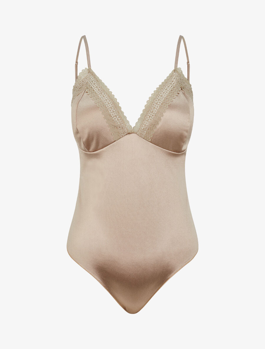 Body satiné à détail dentelle - Beige - 4