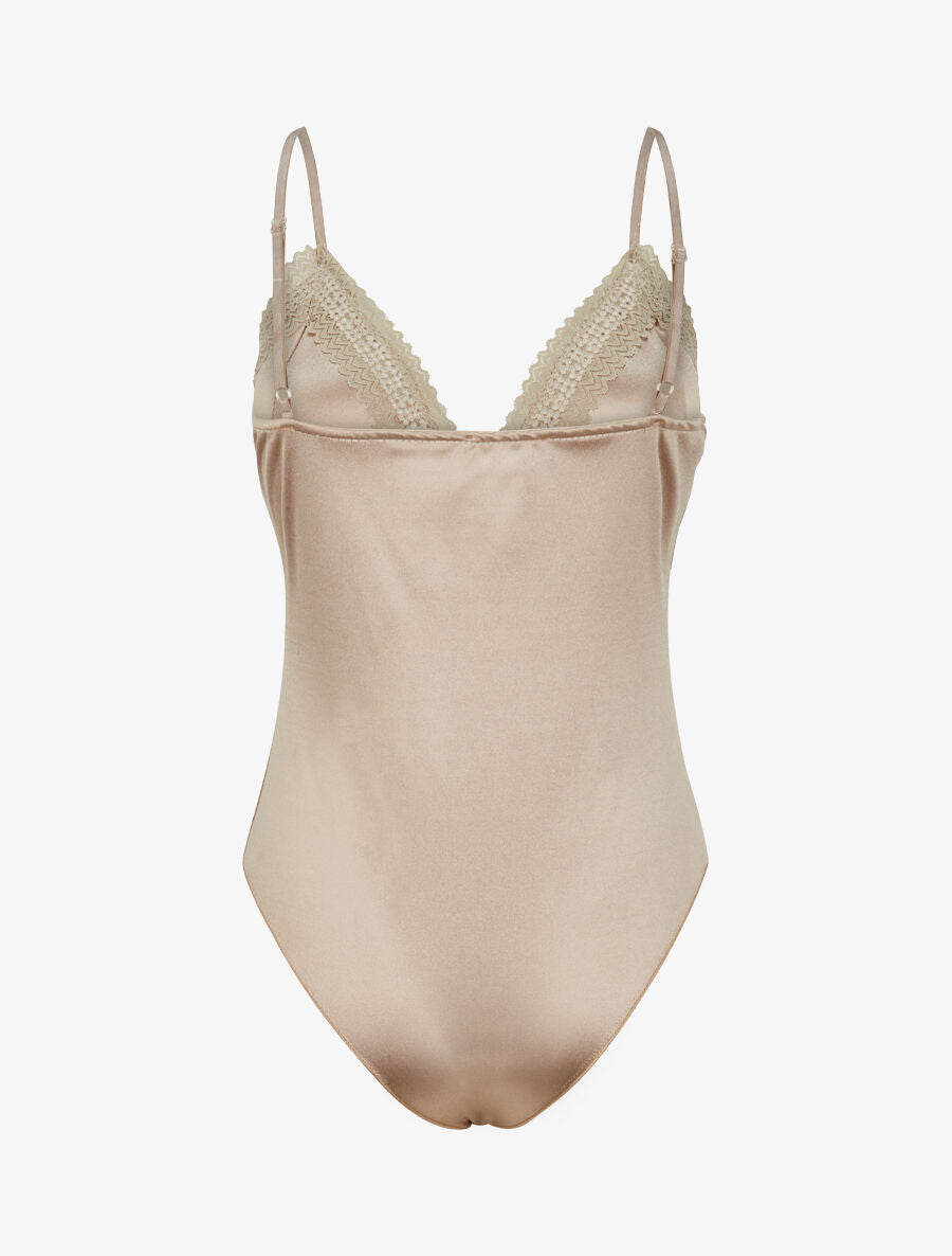 Body satiné à détail dentelle - Beige - 2