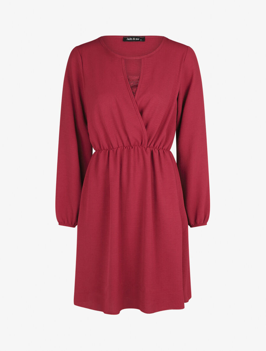 Robe courte évasée col à dentelle - Rouge - 1