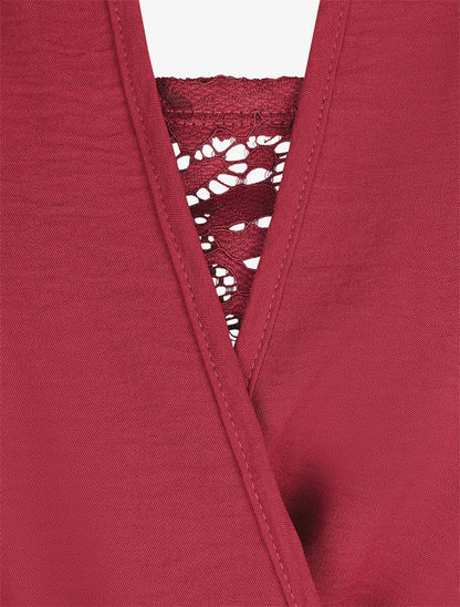 Robe courte évasée col à dentelle - Rouge - 3