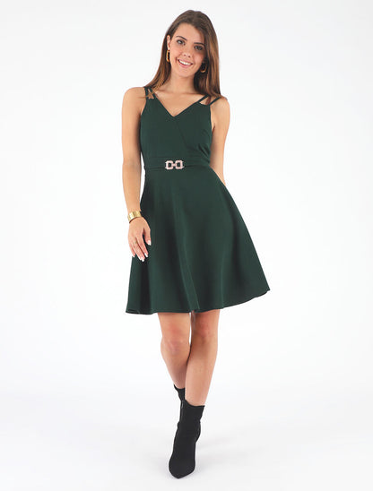 Robe droite à empiècement métal - Vert sapin - 4