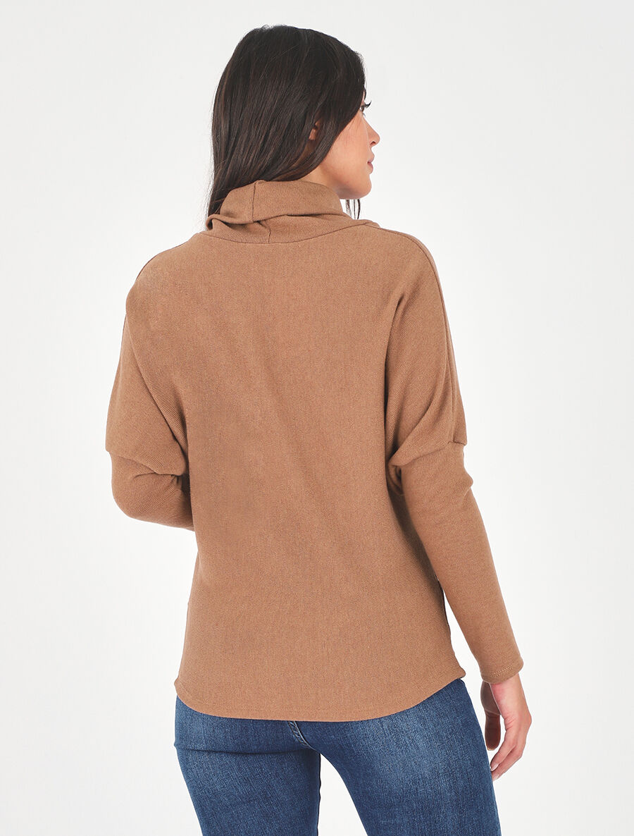 Pull ample uni à col roulé - Camel - 5