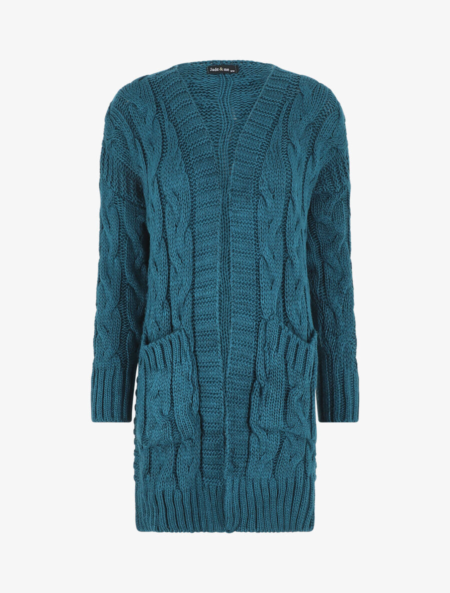 Gilet long en maille tressée - Bleu canard - 1