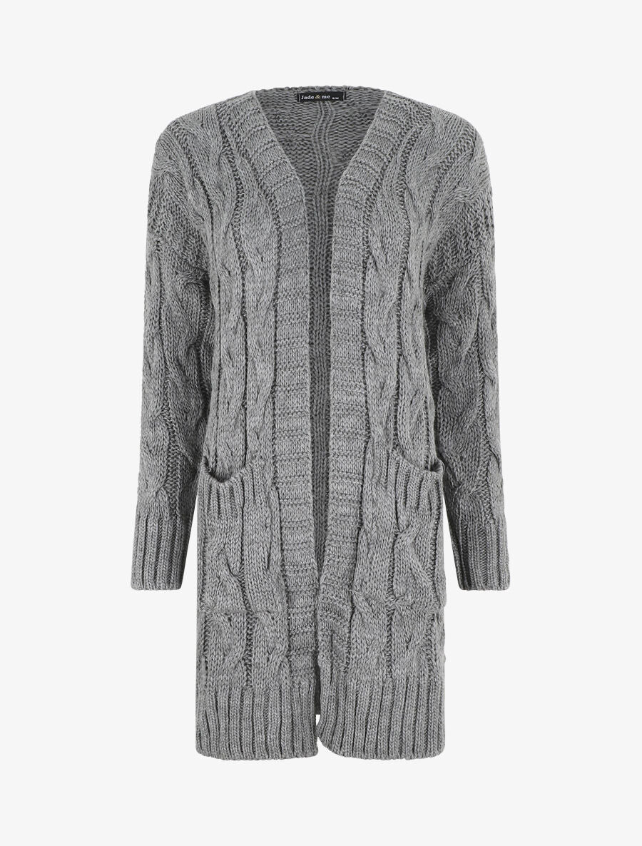 Gilet long en maille tressée - Gris - 1