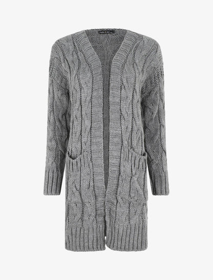 Gilet long en maille tressée - Gris - 1