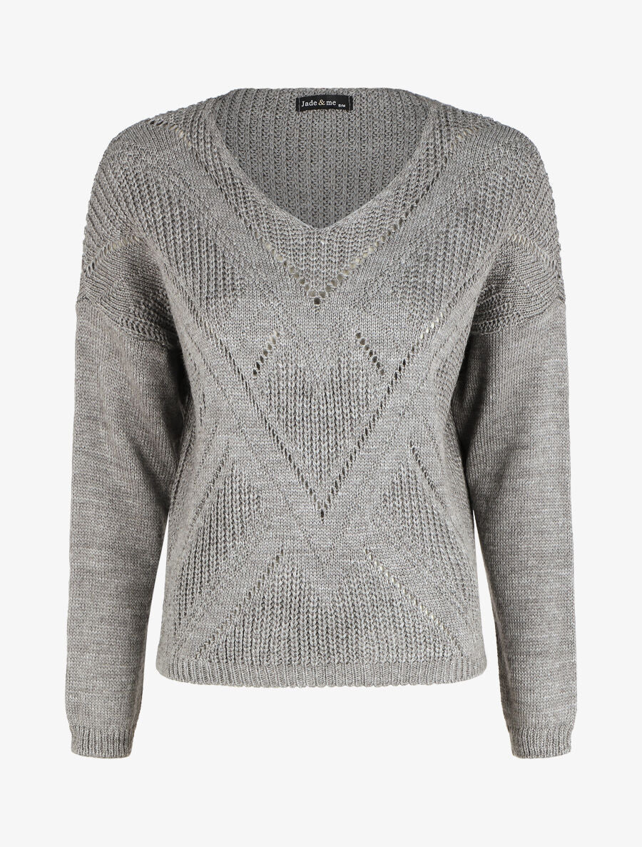 Pull droit col V uni - Gris - 4