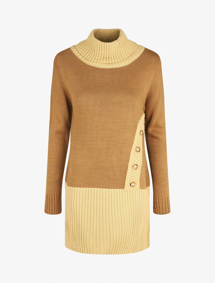 Robe pull col roulé à bouton - Camel - 4