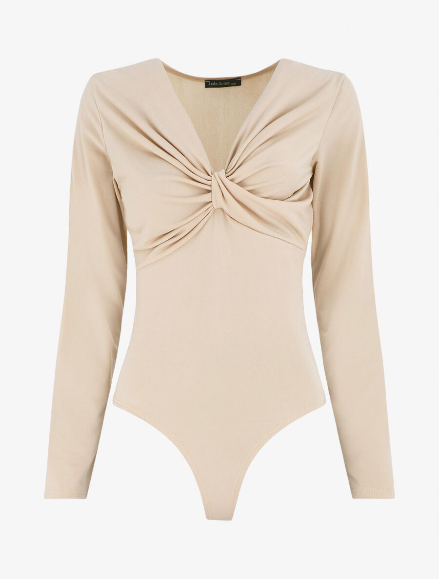 Body uni à col V drapé - Beige - 1