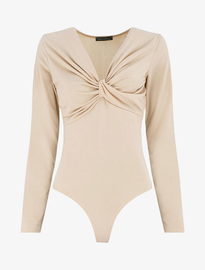 Body uni à col V drapé - Beige - 1