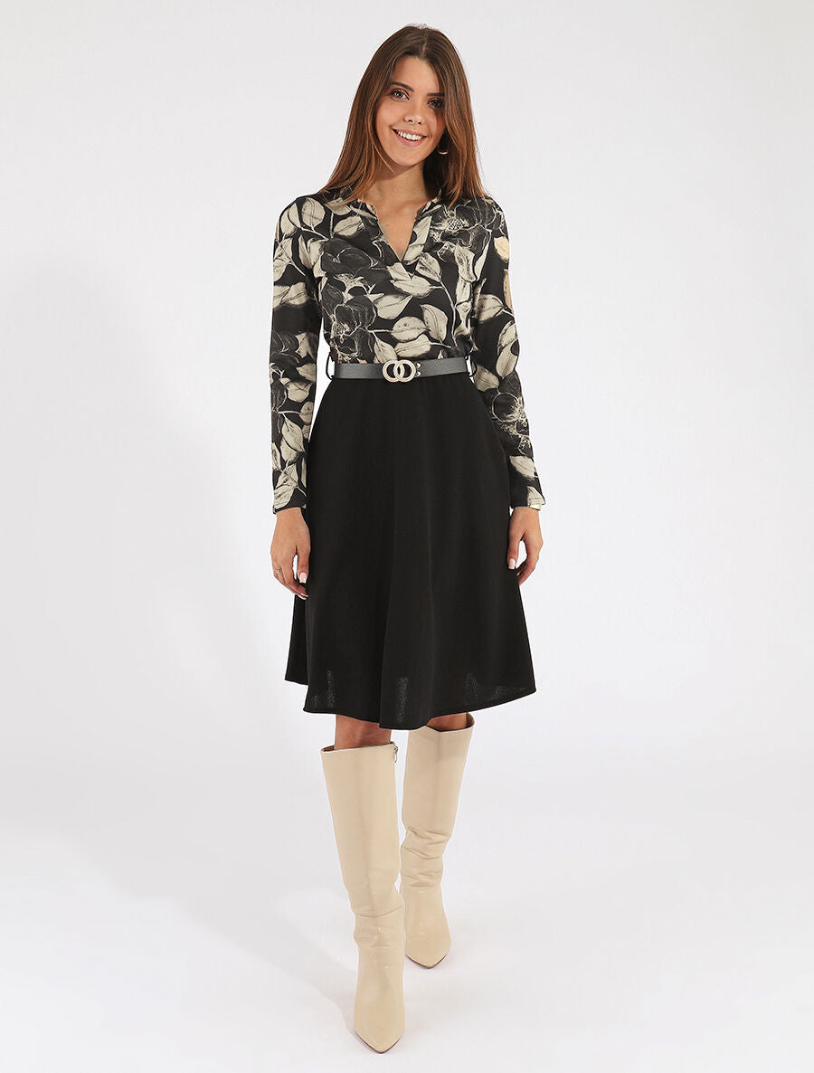 Robe bicolore imprimé feuillage - Beige - 4