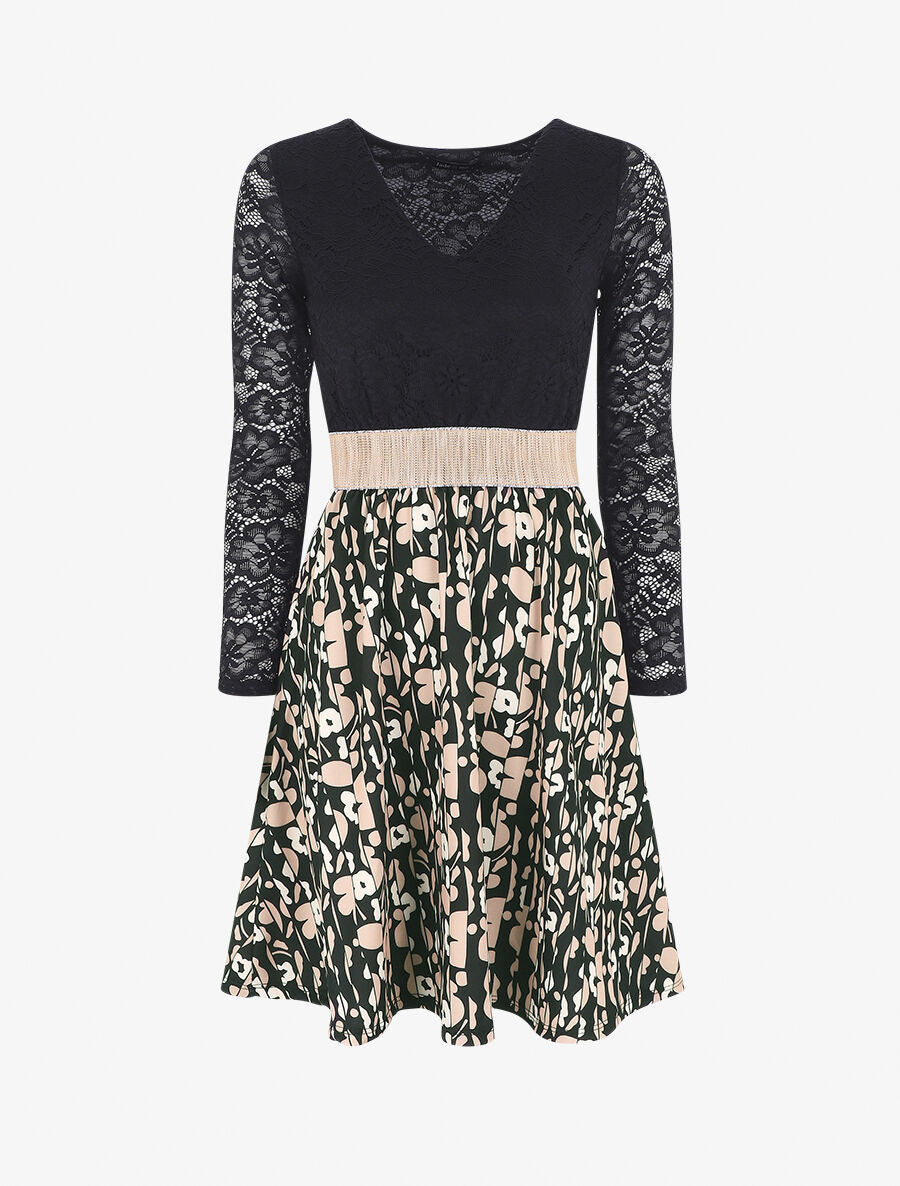 Robe à imprimé fantaisie et dentelle - Noir - 6