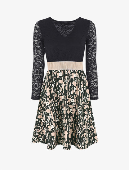 Robe à imprimé fantaisie et dentelle - Noir - 6