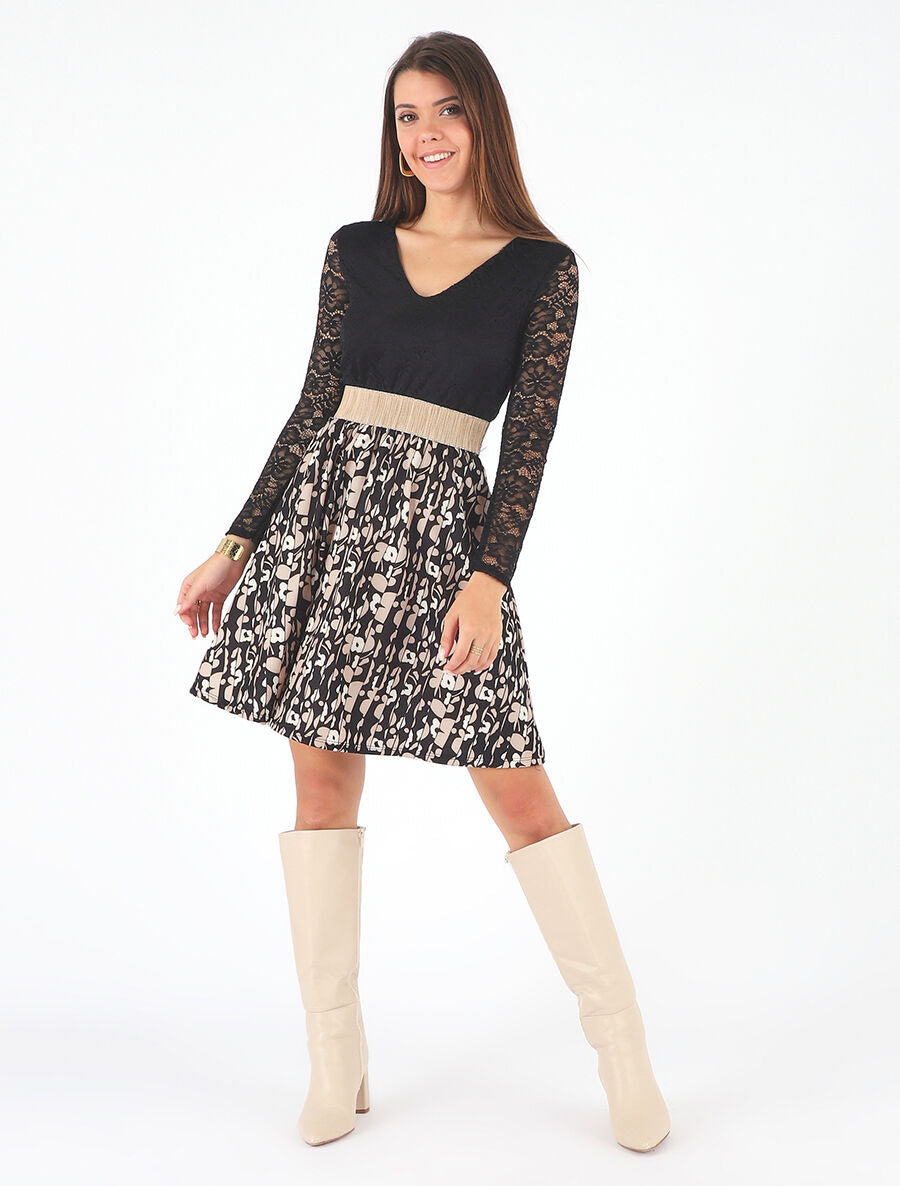 Robe à imprimé fantaisie et dentelle - Noir - 4