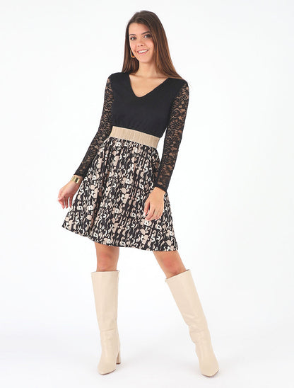 Robe à imprimé fantaisie et dentelle - Noir - 4