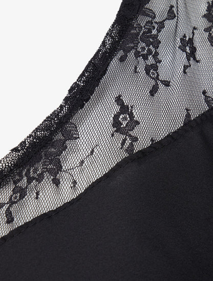 Top satiné à épaules en dentelle - Noir - 3