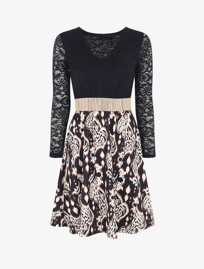 Robe à imprimé graphique et dentelle - Noir - 1