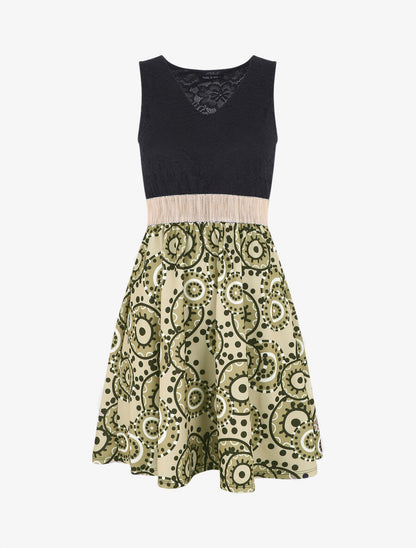 Robe évasée imprimé graphique et dentelle - Kaki - 1