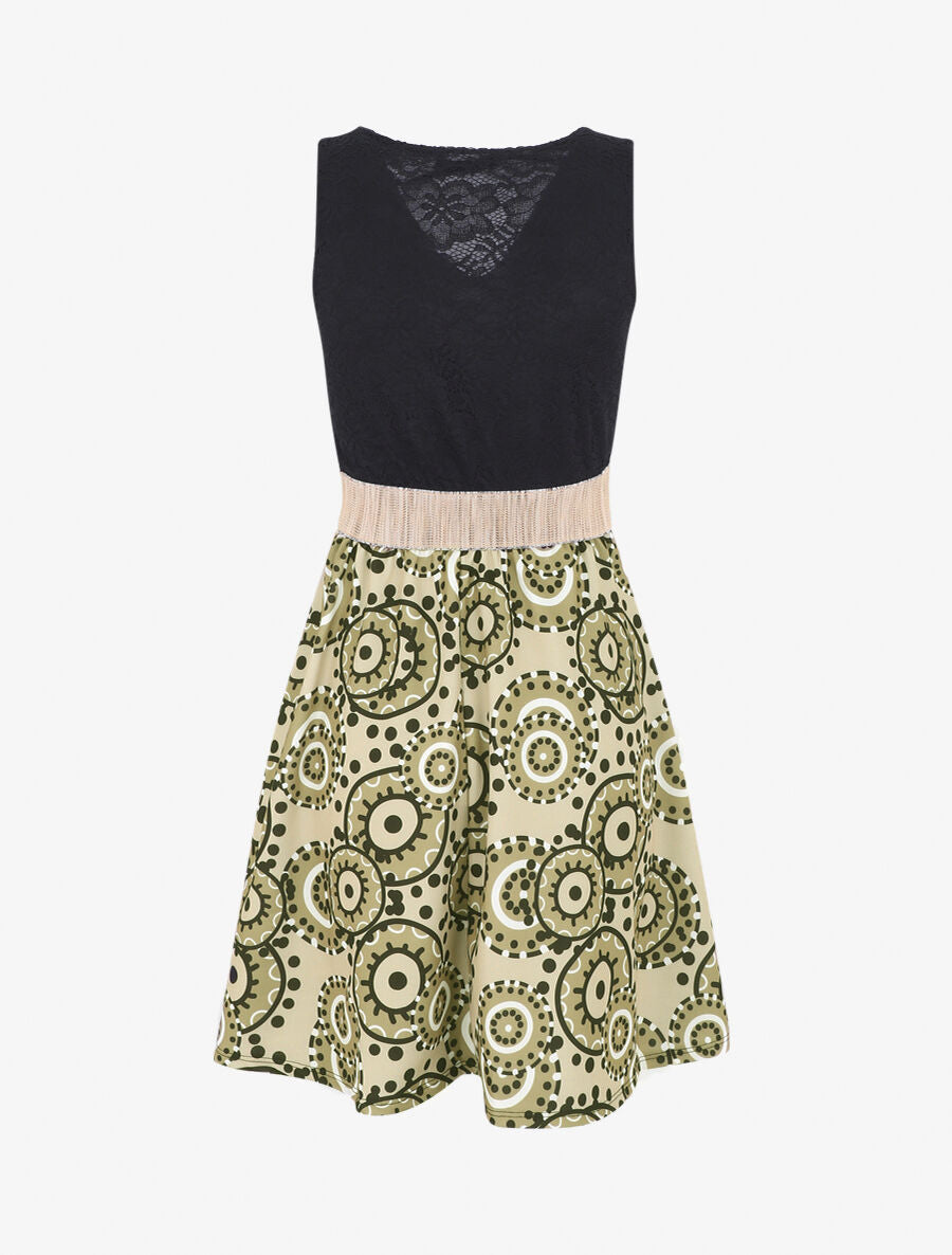 Robe évasée imprimé graphique et dentelle - Kaki - 2