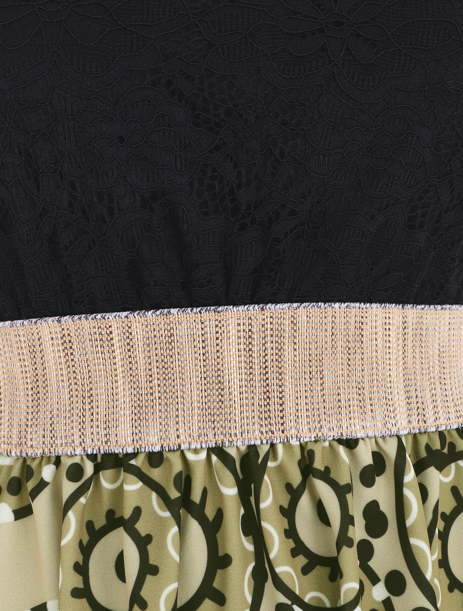 Robe évasée imprimé graphique et dentelle - Kaki - 3