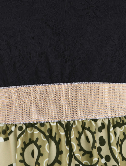 Robe évasée imprimé graphique et dentelle - Kaki - 3