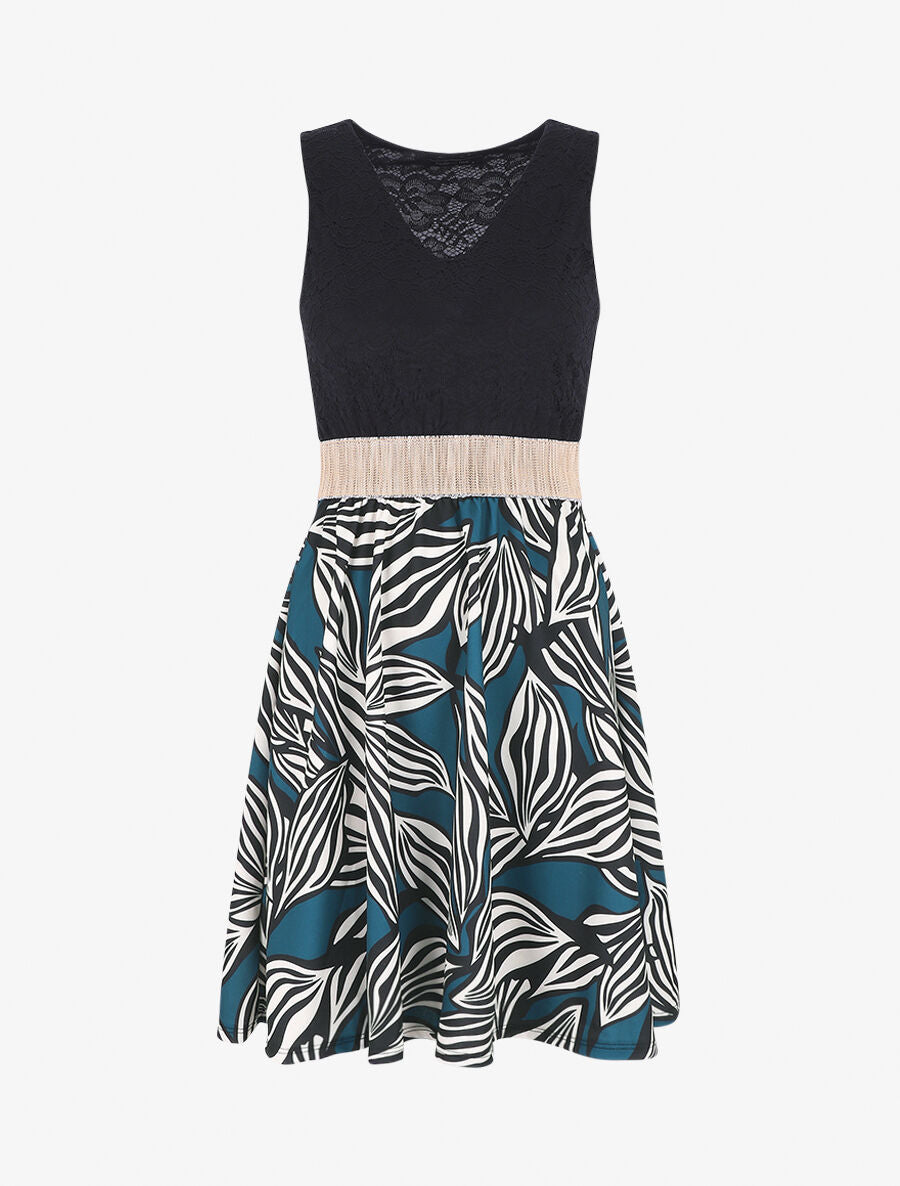 Robe courte évasée imprimé feuilles et dentelle - Bleu canard - 1