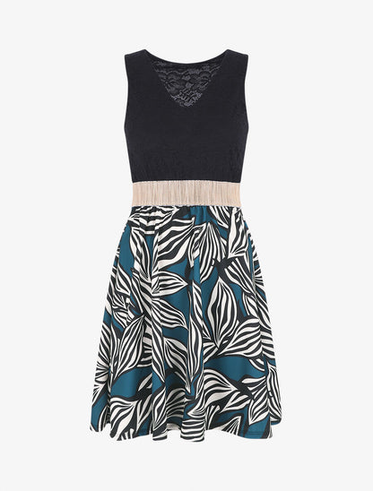 Robe courte évasée imprimé feuilles et dentelle - Bleu canard - 1