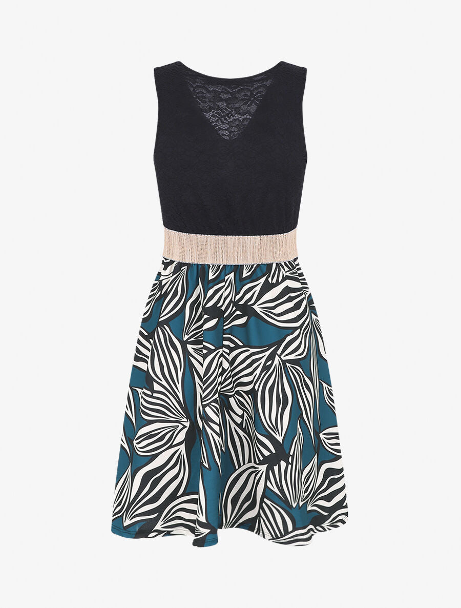 Robe courte évasée imprimé feuilles et dentelle - Bleu canard - 2