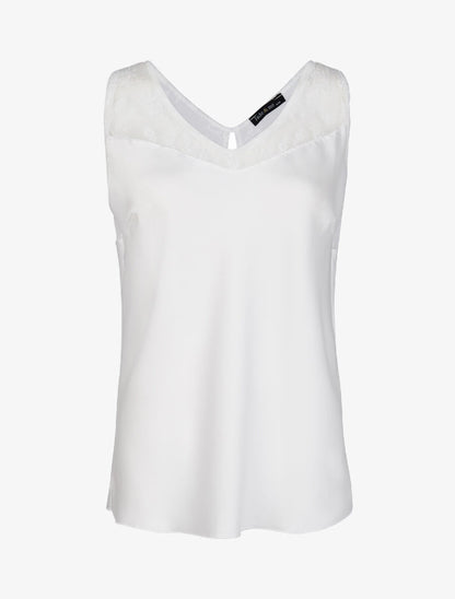 Top satiné à épaules en dentelle - Blanc - 4
