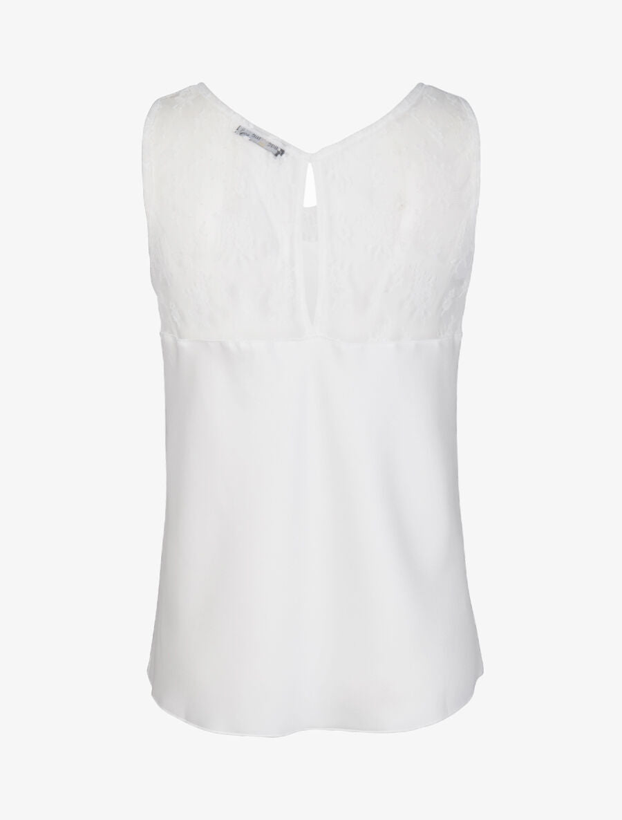 Top satiné à épaules en dentelle - Blanc - 2