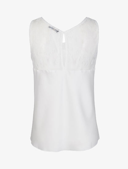 Top satiné à épaules en dentelle - Blanc - 2
