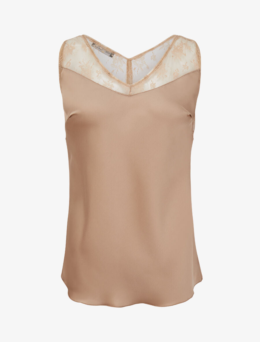 Top satiné à épaules en dentelle - Beige - 3
